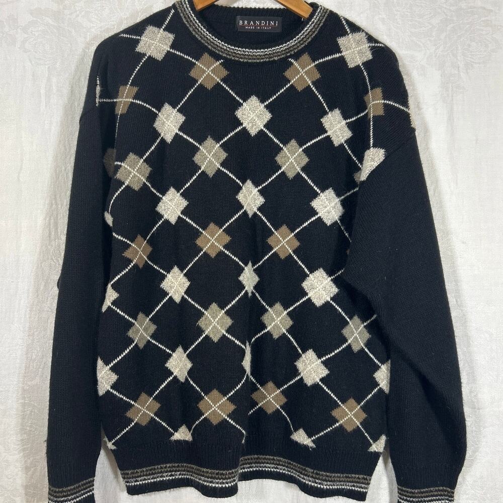 Vintage Brandini Sweater Large Black White Tan Argyle Crew Neck Wool Blend Italy